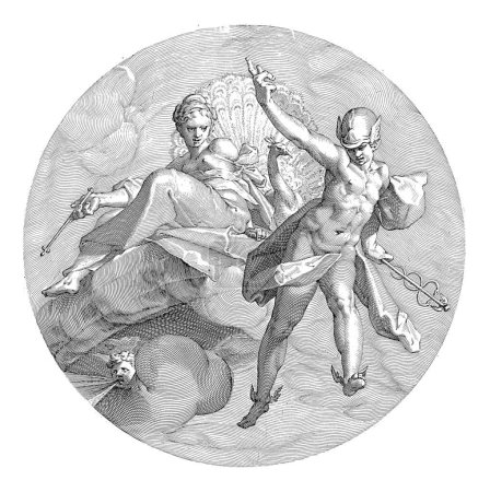 Juno with a scepter in hand, sitting on a cloud. Behind her is her attribute the peacock. She looks at Mercury. The performance is enclosed in a round frame.