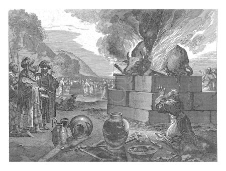 Foto de Elías y los Profetas de Baal, Pieter Nolpe, después de Bartolomé Breenbergh, 1623 - 1653 El profeta Elías se arrodilla ante el altar que ha rociado con agua e invoca a su Dios. - Imagen libre de derechos