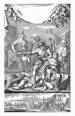 Foto de Gallia y la Iglesia Católica Francesa contemplan la Iglesia Reformada siendo azotada, Adriaen Haelwegh, después de Jan Luyken, 1696 Dos representaciones de una placa. - Imagen libre de derechos