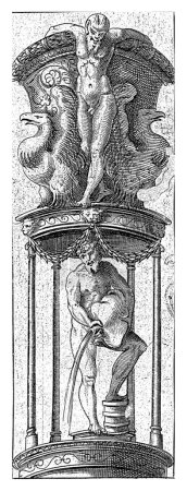Téléchargez les photos : Sous un auvent se tient un homme qui vide une peau de vin, anonyme, d'après Cornelis Bos, 1548. La verrière est supportée par quatre colonnes. Sur la verrière est un vase à partir duquel pend un satyre. - en image libre de droit