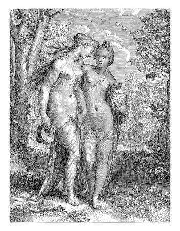 Dos ninfas del séquito de Diana. Están sosteniendo cántaros de agua y abrazándose. La impresión es parte de una serie de tres partes de Diana.