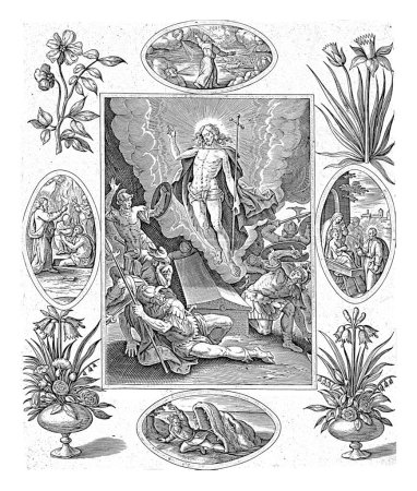 Foto de Resurrección de Cristo, Antonie Wierix (II), después de Maerten de Vos, 1582 - 1586 Cristo se levanta de su tumba. Los soldados que yacen alrededor de la tumba despiertan con un comienzo y huyen. - Imagen libre de derechos