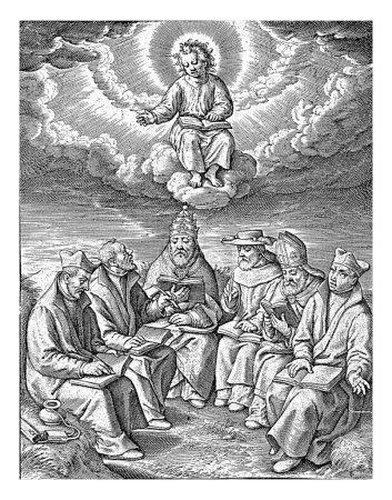 Foto de Adoración del Niño Jesús por los clérigos, Hieronymus Wierix, 1563 - antes de 1619 Seis clérigos adoran al Niño Cristo que los bendice desde una nube. - Imagen libre de derechos