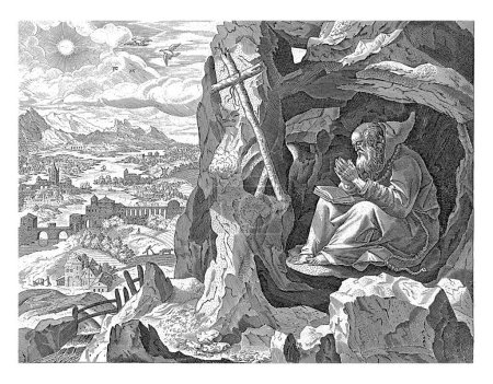 Foto de San Juan Casiano en una cueva en el desierto. Se sienta frente a un crucifijo y lee una biblia mientras reza. Un paisaje en el fondo. - Imagen libre de derechos