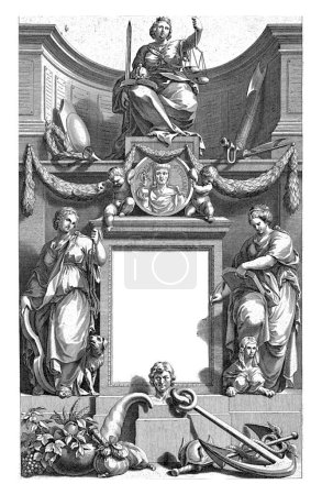 Foto de Justicia entronizada sobre retrato de Justiniano sobre zócalo con título flanqueado por Templanza y Prudencia. - Imagen libre de derechos