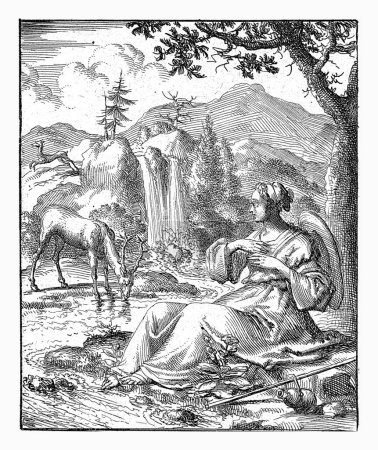 Téléchargez les photos : A Woman Beholds a Drinking Deer on the Bank of a Stream, Jan Luyken, 1687 - en image libre de droit