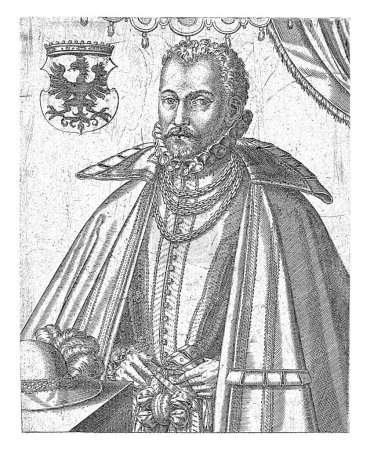 Albrecht Frederik, Markgraf von Brandenburg, halblang, steht an einem Tisch, auf dem sein Hut ruht. Er ist mit einem hohen Stehkragen bekleidet, über dem ein Umhang hängt..