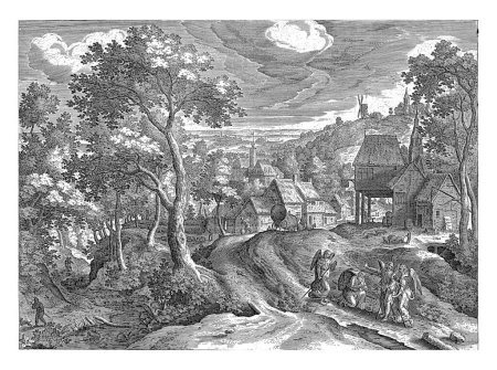 Foto de Un paisaje con un pueblo al fondo. En primer plano, Abraham se arrodilla ante los tres ángeles y los acoge. - Imagen libre de derechos