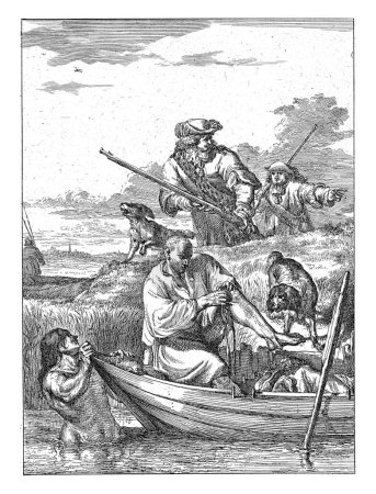 Téléchargez les photos : Baigneurs et chasseurs, Romeyn de Hooghe, 1655 - 1708 Un homme s'assoit dans un bateau et se déshabille ou s'habille. Certains de ses vêtements et sa perruque sont à côté de lui.. - en image libre de droit