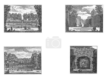 Téléchargez les photos : Étang au château d'Heemstede à partir de la gauche / Étang au château d'Heemstede à partir de la droite / Jardins potagers au château d'Heemstede / Sentier couvert dans le jardin du château d'Heemstede. - en image libre de droit