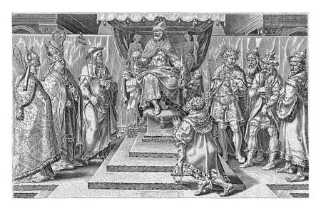 Foto de Felipe I, Landgrave de Hesse, se arrodilla ante el trono de Carlos V en total rendición. A la izquierda de Carlos V los obispos de Arras, Naumburg y Hildesheim. - Imagen libre de derechos