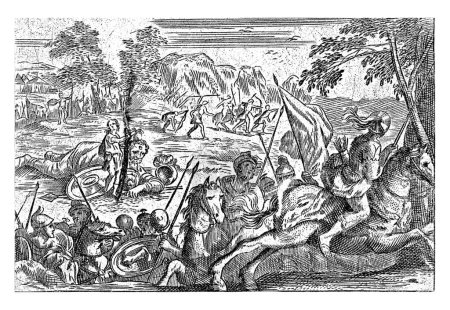 Foto de David y Goliat, Cornelis Galle (II), 1638 - 1678 David ha conquistado al gigante Goliat y sostiene su cabeza por el pelo. Delante, los jinetes toman vuelo, a lo lejos un grupo de cuatro arqueros - Imagen libre de derechos