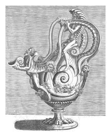 Téléchargez les photos : Pot en forme de coquille d'escargot à double oreille, Balthazar van den Bos, d'après Cornelis Floris (II), 1548 Dans la double oreille se trouve un homme qui soutient l'oreille avec ses mains. - en image libre de droit