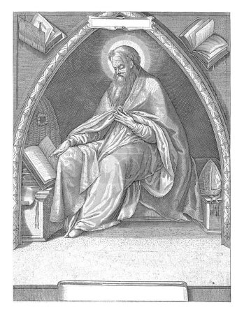 St. Ambrosius, Kirchenvater und Bischof von Mailand, sitzt in einem Kirchengewölbe. Er trägt den Bischofsmantel und seine Mitra liegt neben ihm auf einer Bank. Hey blättert in einem Buch.