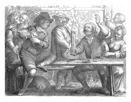 Photo for Musicians and Drinker in an Inn, William Young Ottley, after Jan Miense Molenaer, 1828 In an inn or brothel a man sits behind a table with a glass in his hand. - Royalty Free Image