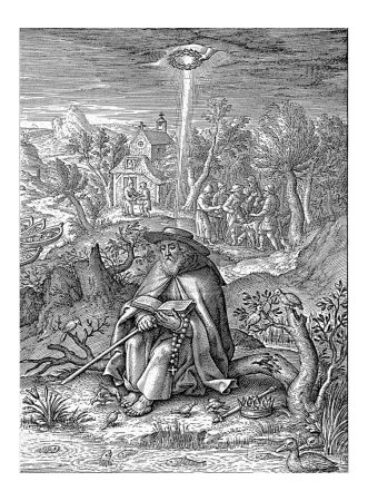 Foto de Paisaje con San Jodocus de Ponthieu, Hieronymus Wierix, 1563 - antes de 1619 San Jodocus, hijo de un rey bretón, se sienta en el borde del pozo que creó con su palo. - Imagen libre de derechos
