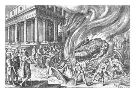 Foto de En primer plano, el gran ídolo de Baal se prende fuego y se rompe con martillos. En el fondo el templo que también está ardiendo. - Imagen libre de derechos