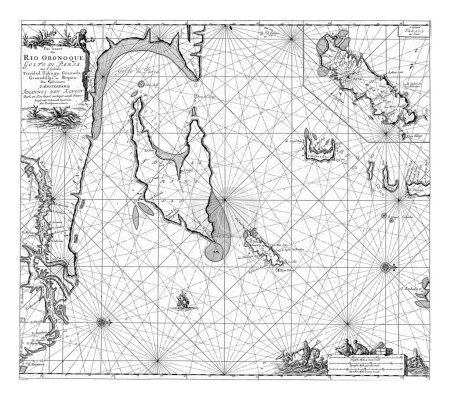 Foto de Mapa de pasaportes del Golfo de Paria con la desembocadura del río Orinoco y un mapa insertado de Tobago. Con dos rosas brújula, Norte está a la derecha. - Imagen libre de derechos