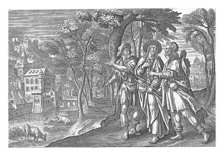 Foto de Cena en Emaús, Julio Goltzius, después de Maerten de Vos, 1585 Cristo se encuentra con dos discípulos y camina con ellos a la aldea de Emaús. Ellos no reconocen a Cristo. - Imagen libre de derechos