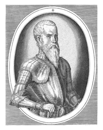 Foto de Retrato de medio cuerpo de Erik XIV de Suecia a la derecha, vestido con armadura, en un marco ovalado con letras en latín. - Imagen libre de derechos