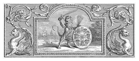 Photo for Dutch Lion Holding the Coat of Arms of the Seven Provinces, Bernard Picart (workshop of), after Bernard Picart, 1716 The Dutch Lion with Sword and Bundle of Arrows in Hands Near a Shield. - Royalty Free Image
