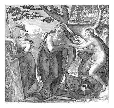 Young Hercules stands under a tree and leans on his club. He must choose between Virtue and Vice. Virtue is on the left.