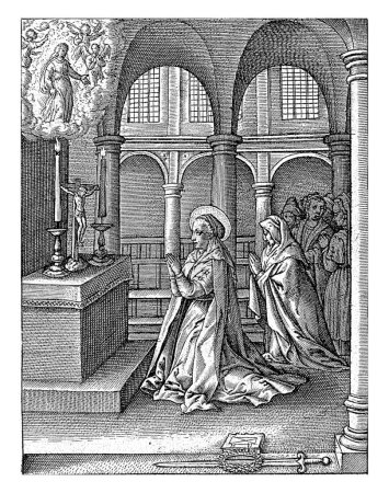 Foto de Virtud de los devotos, Jerónimo Wierix, 1563 - antes de 1619 Santa Lucía, acompañada por otras mujeres, reza en una capilla. Sobre el altar una visión de la Virgen María. - Imagen libre de derechos
