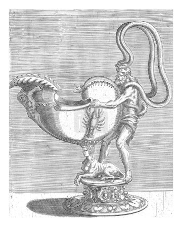 Nautilus-Kelch mit Hummer auf dem Bauch, Balthazar van den Bos, nach Cornelis Floris (II), 1548 Der Kelch wird von einem Mann getragen und von einer Sphinx gestützt.