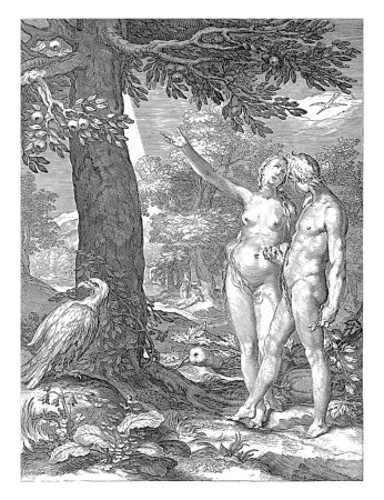 Photo for Adam and Eve in paradise. Eve shows Adam the Tree of the knowledge of good and evil. Next to the tree a bird of prey. - Royalty Free Image