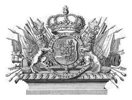 Foto de Escudo de armas de Guillermo IV con una corona y dos leones, decorado con la Jarretera y el lema de la Orden de la Jarretera. Abajo en un banderole su hechizo de género. - Imagen libre de derechos