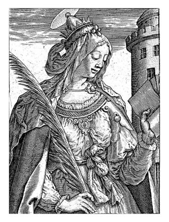 Foto de H. Barbara, Hieronymus Wierix, 1563 - antes de 1619 Santa Bárbara, en una mano sostiene una rama de palma como símbolo de su martirio, en la otra una Biblia abierta. - Imagen libre de derechos