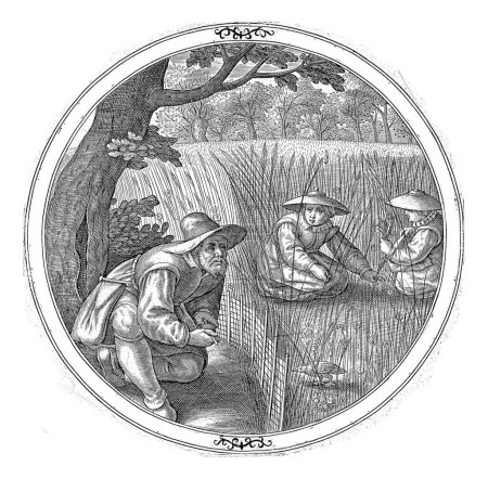 Foto de Kwakkelaar, anónimo, 1550 - 1610 Un cazador de aves se sienta en el borde de un maizal y atrae codornices con su silbato óseo. En el campo de trigo dos mujeres están escardando entre el trigo. - Imagen libre de derechos