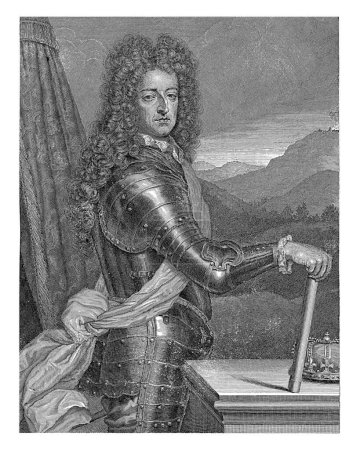 Foto de Retrato de Guillermo III, príncipe de Orange, Pieter van Gunst, 1688 - 1699 Retrato de Guillermo III en un óvalo adornado con ramas naranjas. Sobre un pedestal están el nombre y los títulos. - Imagen libre de derechos