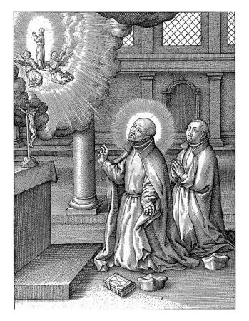 Foto de Ignacio de Loyola tiene una visión de la Asunción de Diego Hoces, Jerónimo Wierix, 1611 - 1615 Ignacio de Loyola y otro jesuita se arrodillan ante un altar en una iglesia. - Imagen libre de derechos