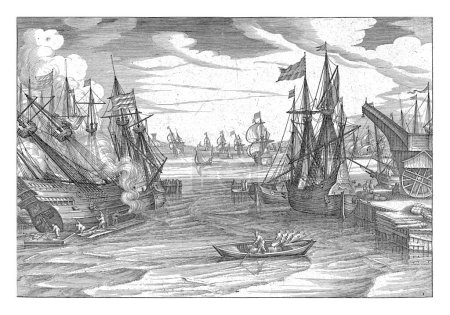 Foto de Spring, Robert de Baudous, después de Cornelis Claesz. van Wieringen, 1591 - en o antes de 1618 Vista del puerto con una grúa a la derecha y un bote de remos en el centro de primer plano. - Imagen libre de derechos