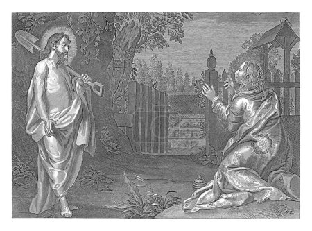Foto de Cristo aparece como un jardinero a María Magdalena, anónima, después de Jacob Neefs, después de Gerard Seghers, 1630 - 1702 María Magdalena se arrodilla ante Cristo en un paisaje. - Imagen libre de derechos