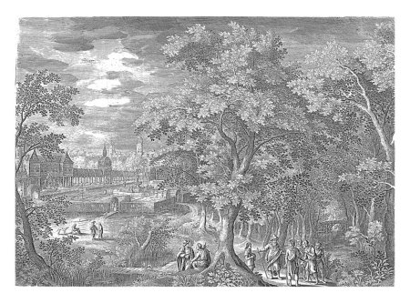 Téléchargez les photos : Paysage boisé avec la parabole des ouvriers dans le vignoble, Jan van Londerseel, d'après David Vinckboons (I), c. 1601 - c. 1652 Paysage boisé avec un château et un jardin paysager. - en image libre de droit
