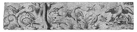 Téléchargez les photos : Frise avec dix oiseaux et un insecte, Nicolaes de Bruyn, d'après Hans Liefrinck (II), d'après Hans Collaert (I), 1581 - 1656 Un arbre à gauche. Au milieu un oiseau aux ailes déployées et un ver dans son bec. - en image libre de droit
