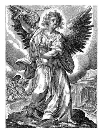 The Archangel Jophiel has a flaming sword in his right hand and a rod in his left. In the left background, Jophiel chases Adam and Eve out of paradise.