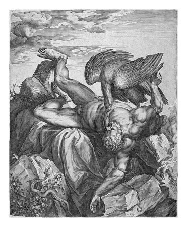 Depiction with two possible interpretations: 1. Tityus is punished in hell. He is chained to a rock as an eagle pulls his liver from his body.
