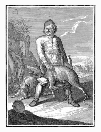Foto de Diciembre, Caspar Luyken, 1698 - 1702 El mes de diciembre. En primer plano un carnicero que pone un cerdo sobre su rodilla para matarlo. En el fondo, un cerdo es cortado y colgado. - Imagen libre de derechos