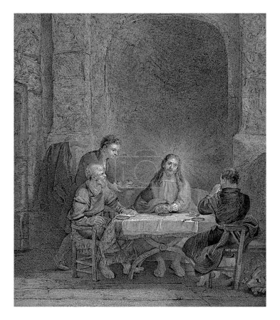 Foto de Cristo se sienta a la mesa con los dos discípulos. Él parte el pan y pronuncia la bendición y en ese momento los dos hombres lo reconocen. - Imagen libre de derechos