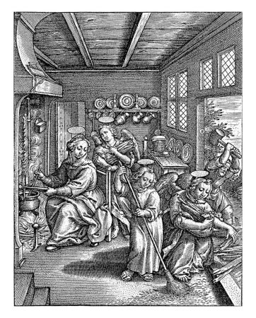 Foto de El Niño Cristo Barre el Suelo, Hieronymus Wierix, 1563 - antes de 1619 El Niño Cristo Barre el Suelo en la Casa. Joseph está golpeando la pared. Dos ángeles ayudan. - Imagen libre de derechos