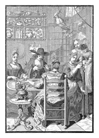 Téléchargez les photos : Dans une chambre néerlandaise, une compagnie de trois dames et un gentleman sont assis autour d'une table pour prendre le thé. À droite dans l'entrée se trouve une nourrice avec un petit enfant sur le bras. - en image libre de droit