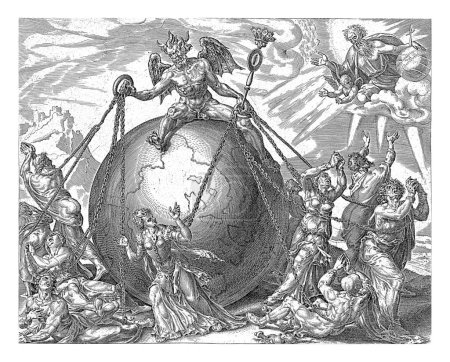 Téléchargez les photos : Que ton royaume vienne, Johannes Wierix, d'après Maarten van Heemskerck, 1569-1573 Les hommes et les femmes essaient de se libérer des chaînes avec lesquelles le diable, qui est assis sur un globe, les tient. - en image libre de droit