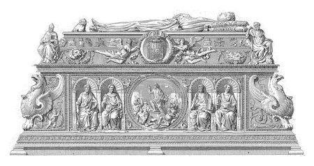 Photo for Tomb for Ferdinand II the Catholic and Isabella I the Catholic. On top of the recumbent tomb sculpture (gisant) by Isabella. Top center the coat of arms of Ferdinand II between two angels. - Royalty Free Image