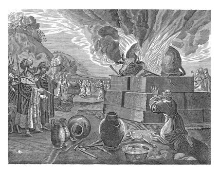 Foto de El profeta Elías se arrodilla ante el altar que ha rociado con agua e invita a su Dios a quemar el sacrificio. El rey Acab mira a la izquierda. - Imagen libre de derechos