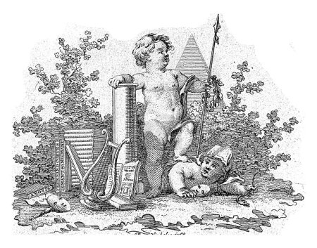 Foto de Dos putti con atributos alegóricos, Reinier Vinkeles (I), 1768 Un putto con lanza y corona de laurel sostiene un putto con una serpiente y una máscara bajo su pie. - Imagen libre de derechos