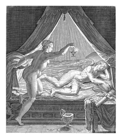 Psyche watches the god Amor in his sleep. She has an oil lamp in her hands. The print has a Latin caption.