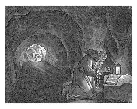 Saint Macarius of Egypt as a hermit in a cave. He is kneeling in front of a bible. In the background other hermits with beggars.